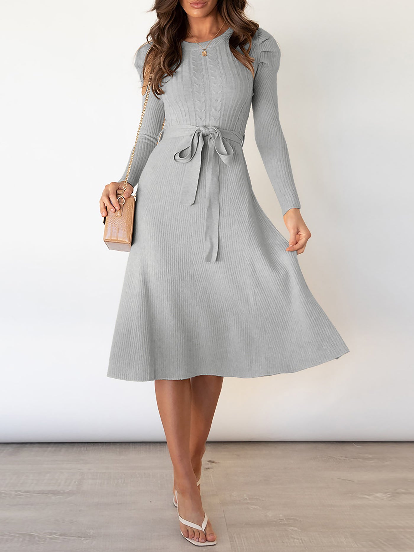 Allegra K Puff Long Sleeves Knitted Lace-Up Midi Sweater Dress