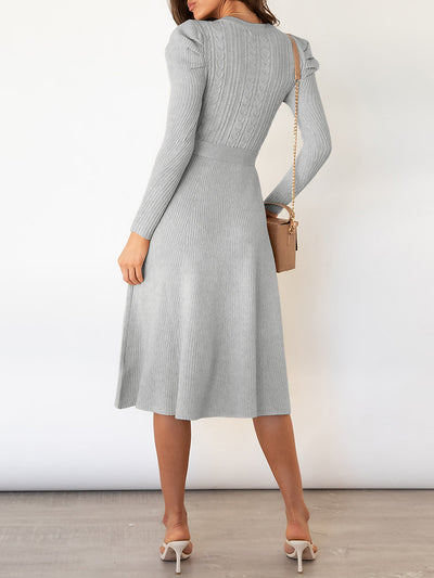 Puff Long Sleeves Knitted Lace-Up Midi Sweater Dress