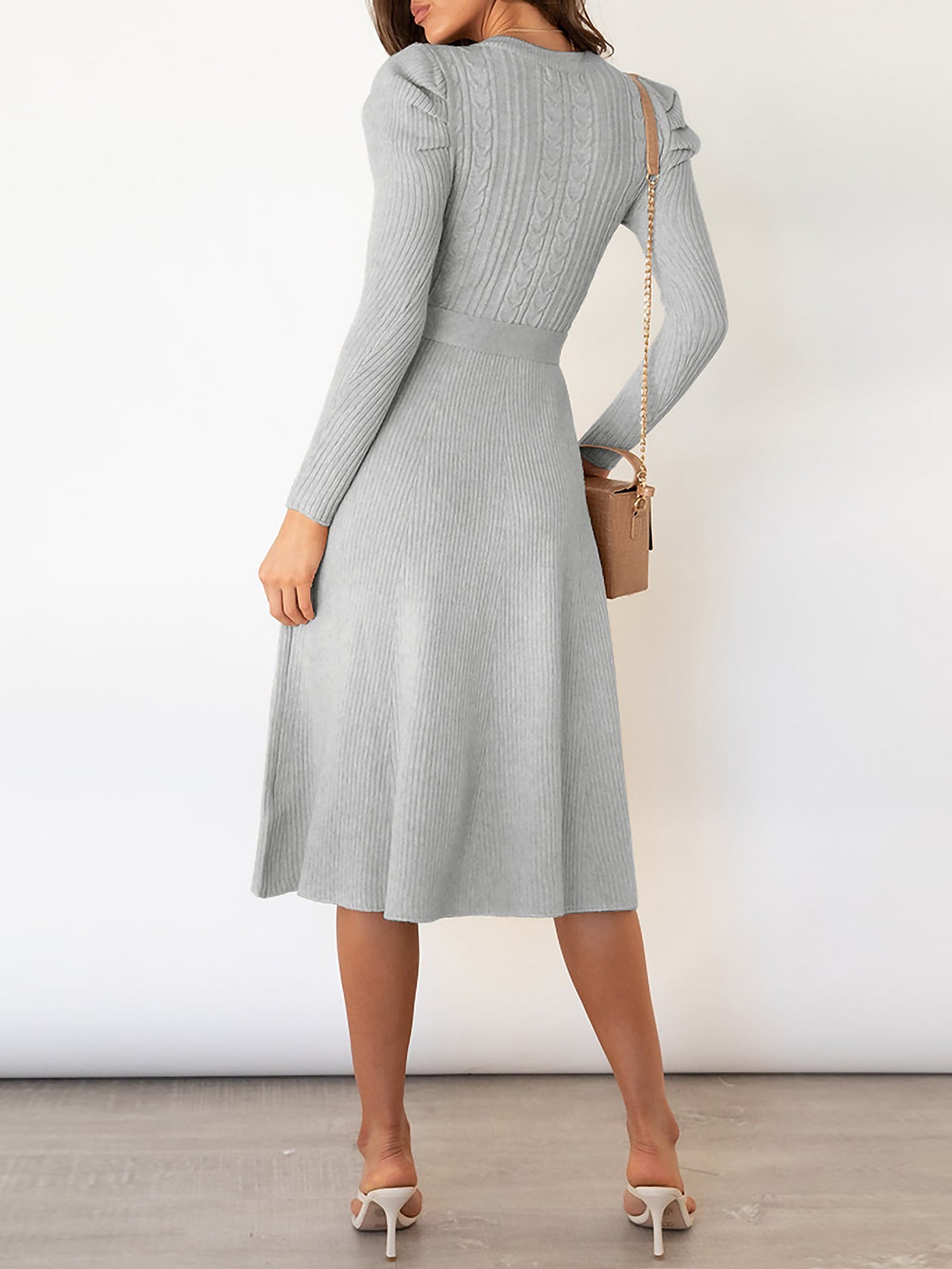 Allegra K Puff Long Sleeves Knitted Lace-Up Midi Sweater Dress