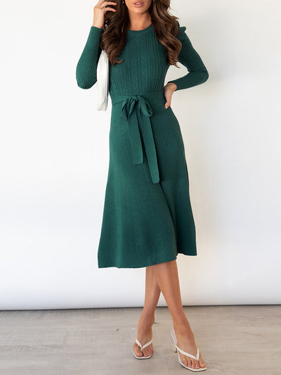 Allegra K Puff Long Sleeves Knitted Lace-Up Midi Sweater Dress