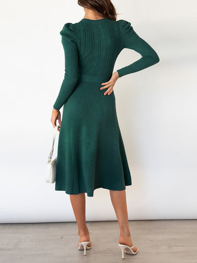 Puff Long Sleeves Knitted Lace-Up Midi Sweater Dress