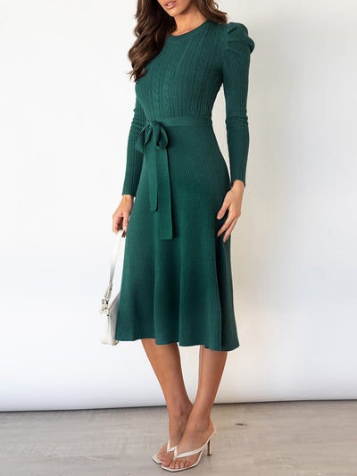 Puff Long Sleeves Knitted Lace-Up Midi Sweater Dress