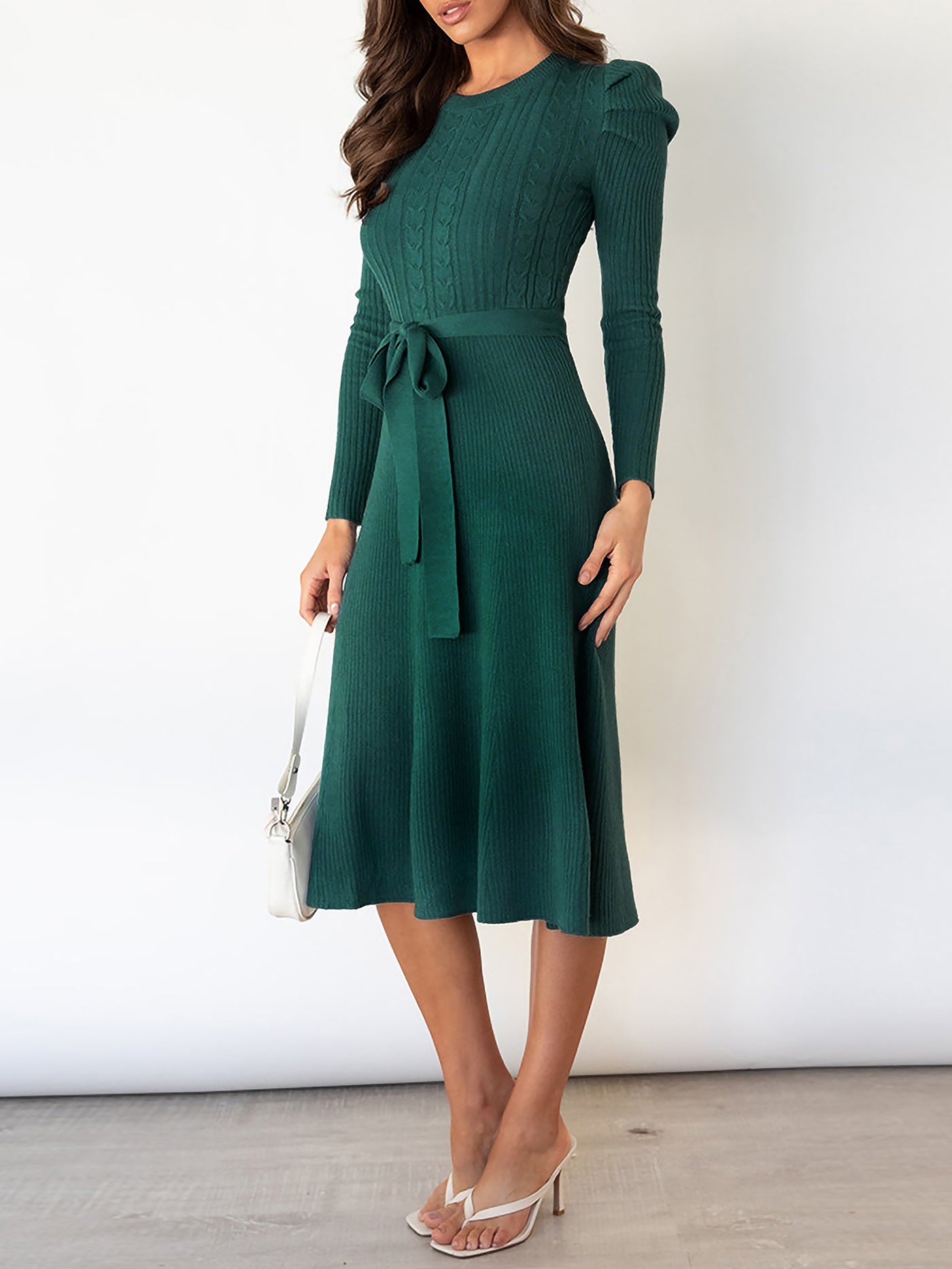 Allegra K Puff Long Sleeves Knitted Lace-Up Midi Sweater Dress