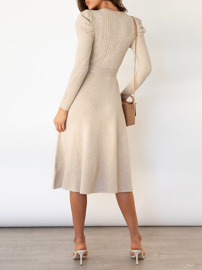 Puff Long Sleeves Knitted Lace-Up Midi Sweater Dress