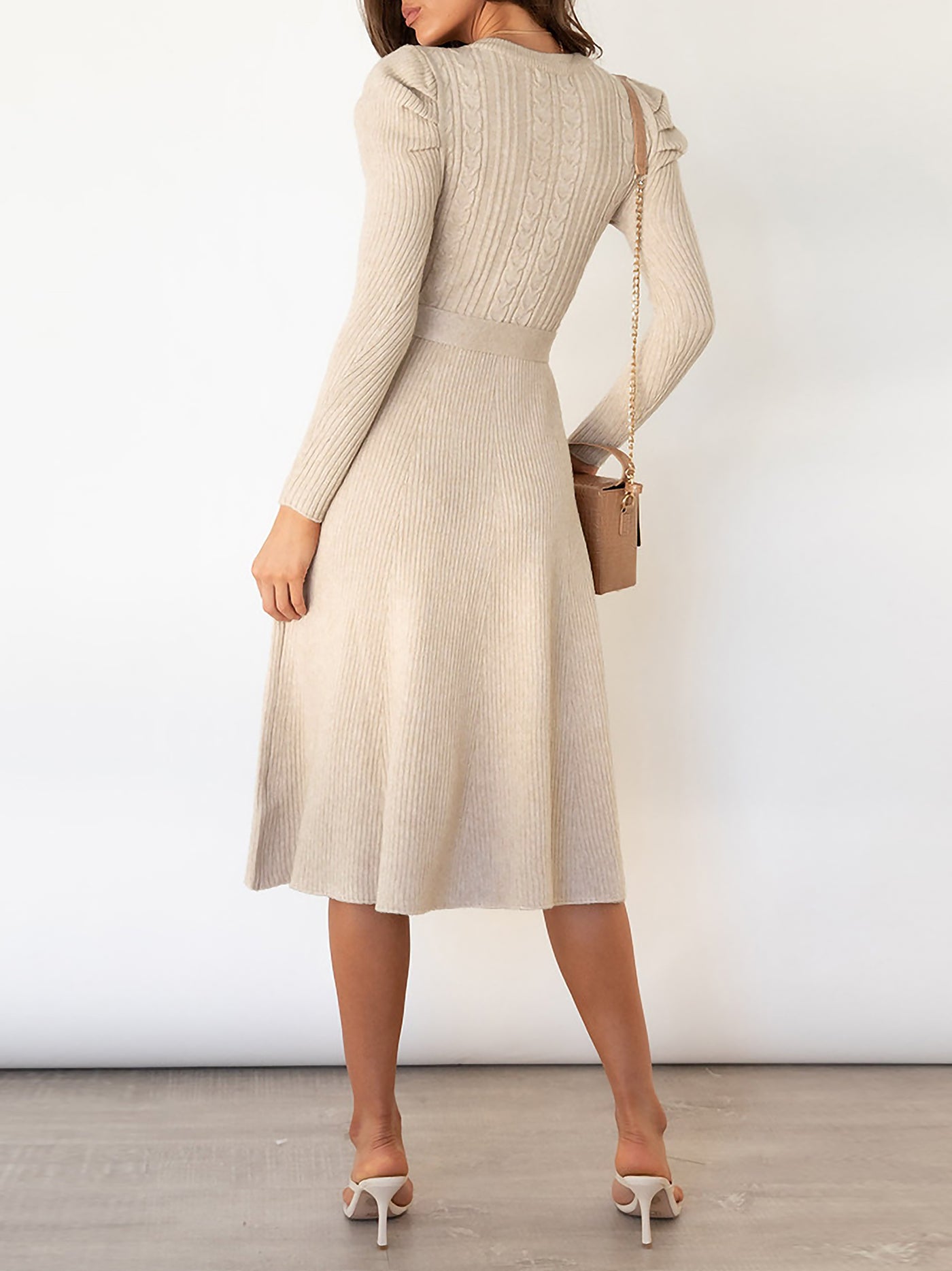 Allegra K Puff Long Sleeves Knitted Lace-Up Midi Sweater Dress