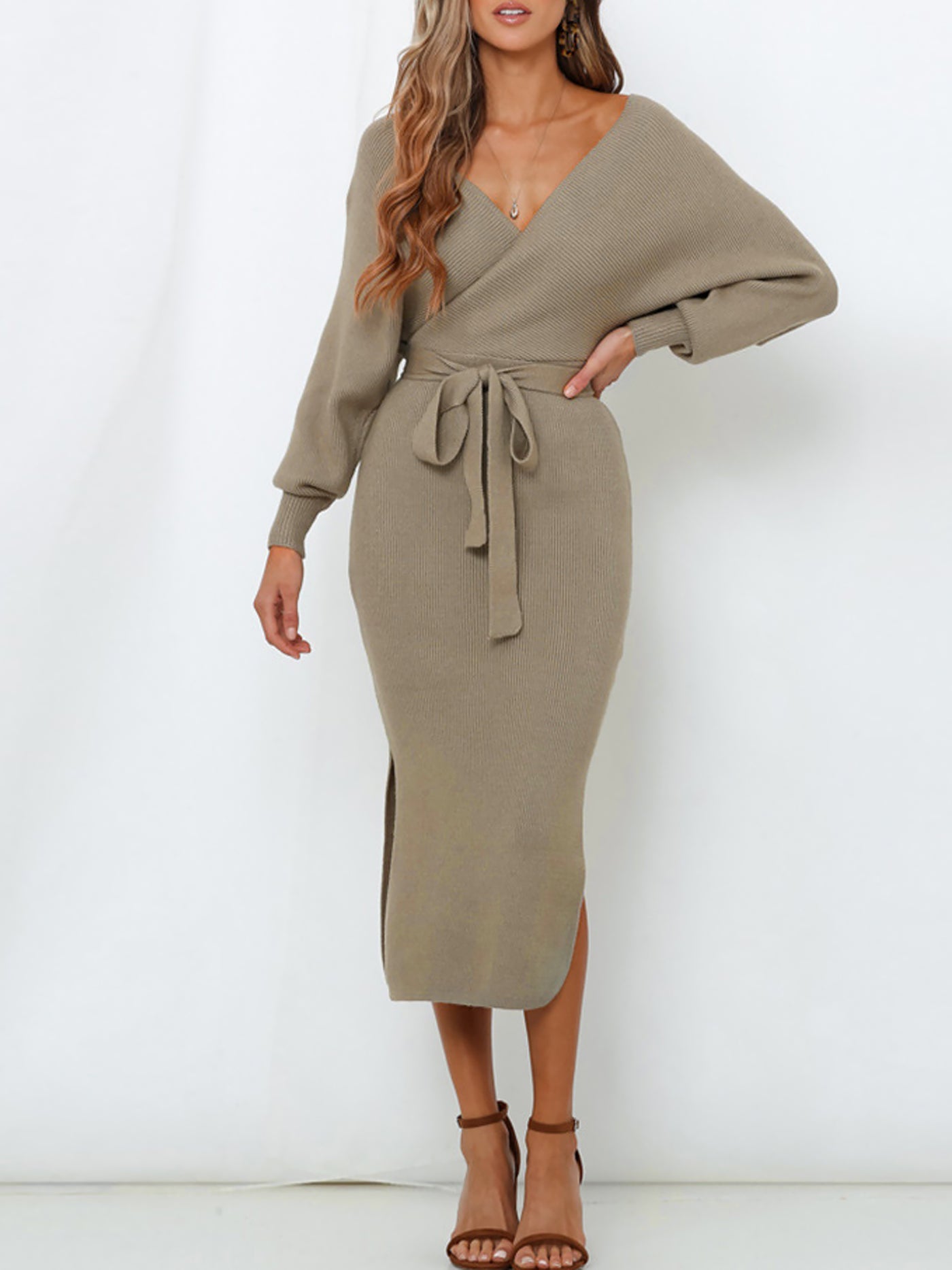 Allegra K Lace-Up Long Sleeves Backless Slit Midi Sweater Dress