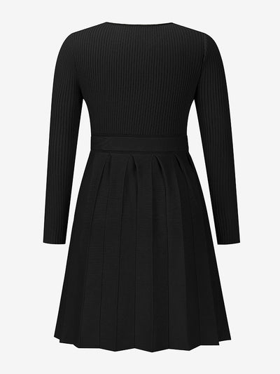 V Neck Pleated Knitted Long Sleeves Mini Sweater Dress