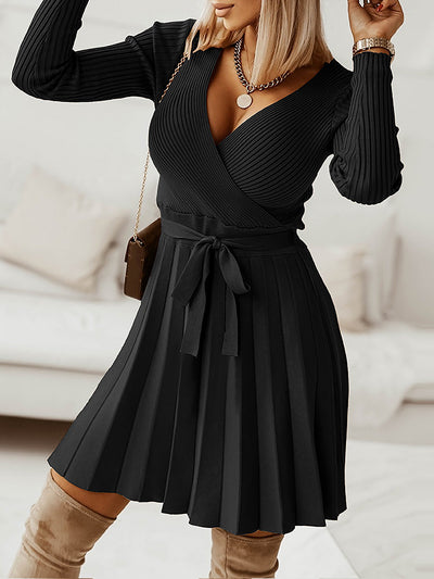 V Neck Pleated Knitted Long Sleeves Mini Sweater Dress