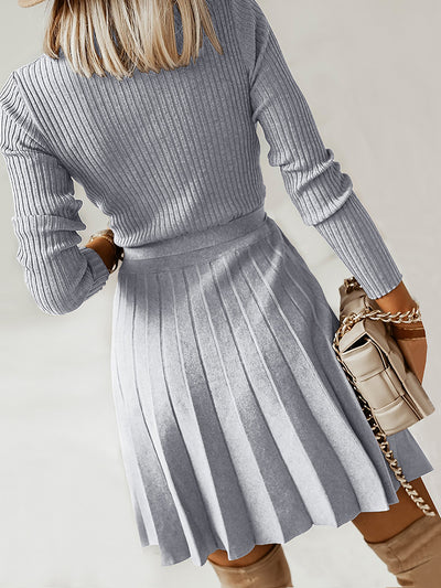 V Neck Pleated Knitted Long Sleeves Mini Sweater Dress