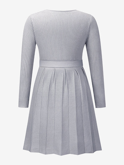 V Neck Pleated Knitted Long Sleeves Mini Sweater Dress