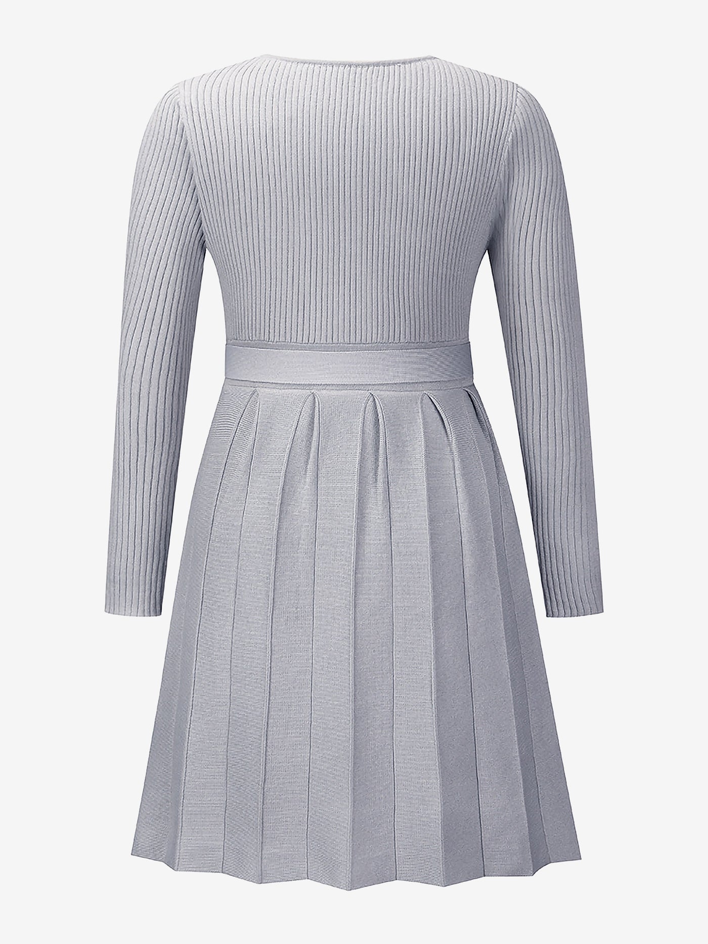 Allegra K V Neck Pleated Knitted Long Sleeves Mini Sweater Dress