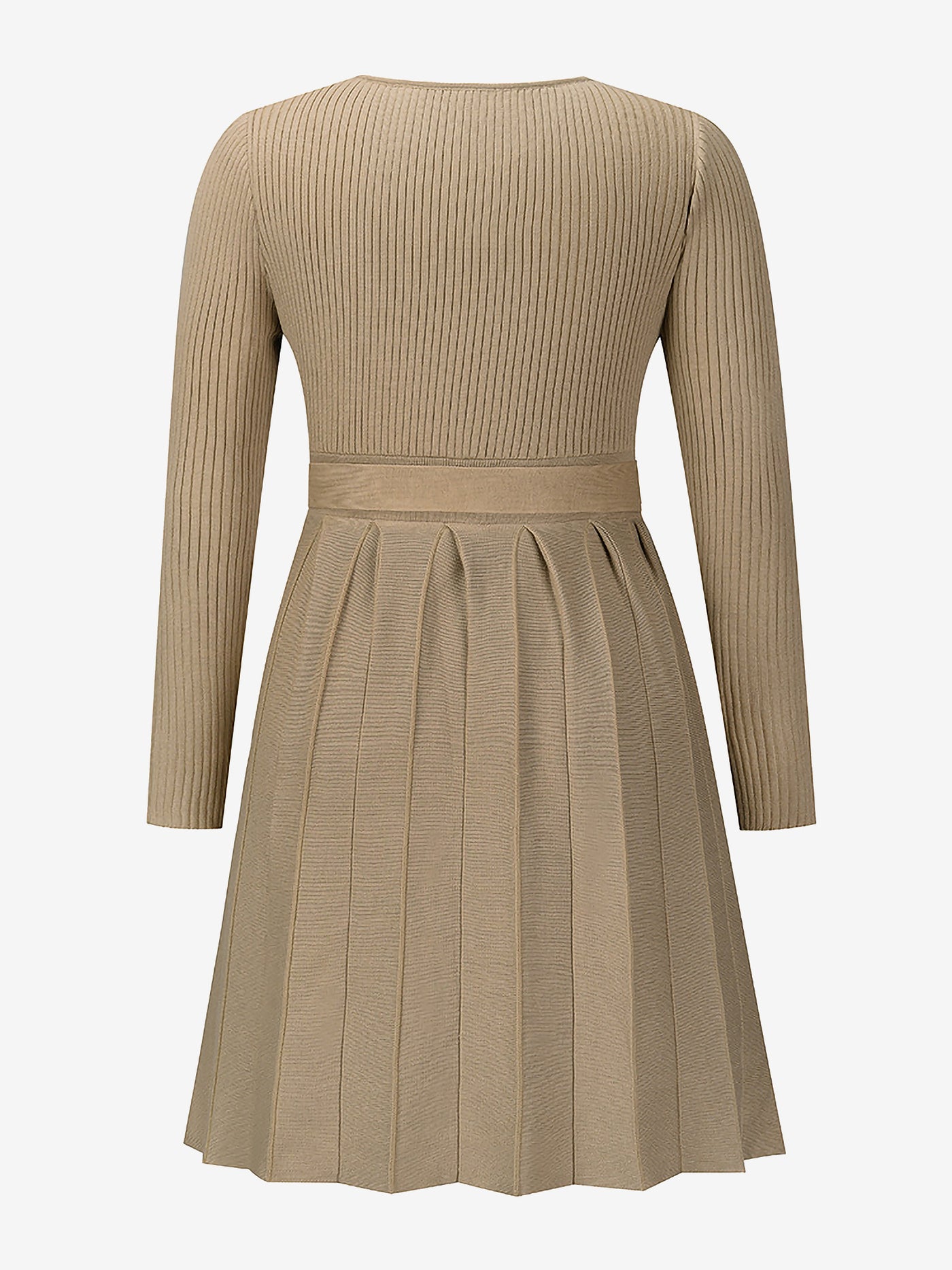 Allegra K V Neck Pleated Knitted Long Sleeves Mini Sweater Dress