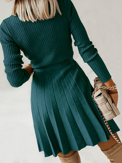 V Neck Pleated Knitted Long Sleeves Mini Sweater Dress