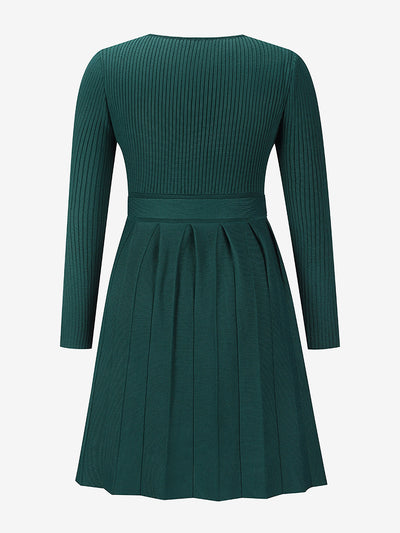 V Neck Pleated Knitted Long Sleeves Mini Sweater Dress