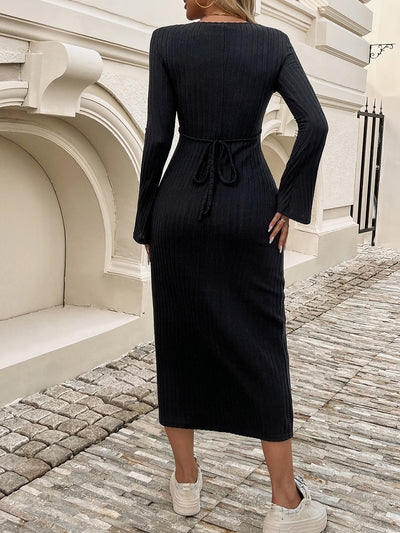 V Neck Solid Color Long Sleeves Bodycon Midi Sweater Dress