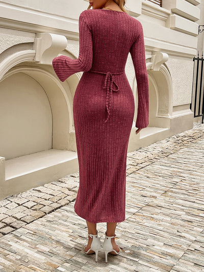 V Neck Solid Color Long Sleeves Bodycon Midi Sweater Dress