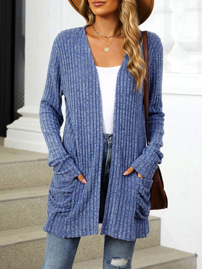 Solid Color Pocket Long Sleeve Mid Length Casual Cardigan