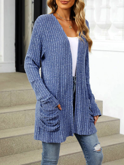 Solid Color Pocket Long Sleeve Mid Length Casual Cardigan