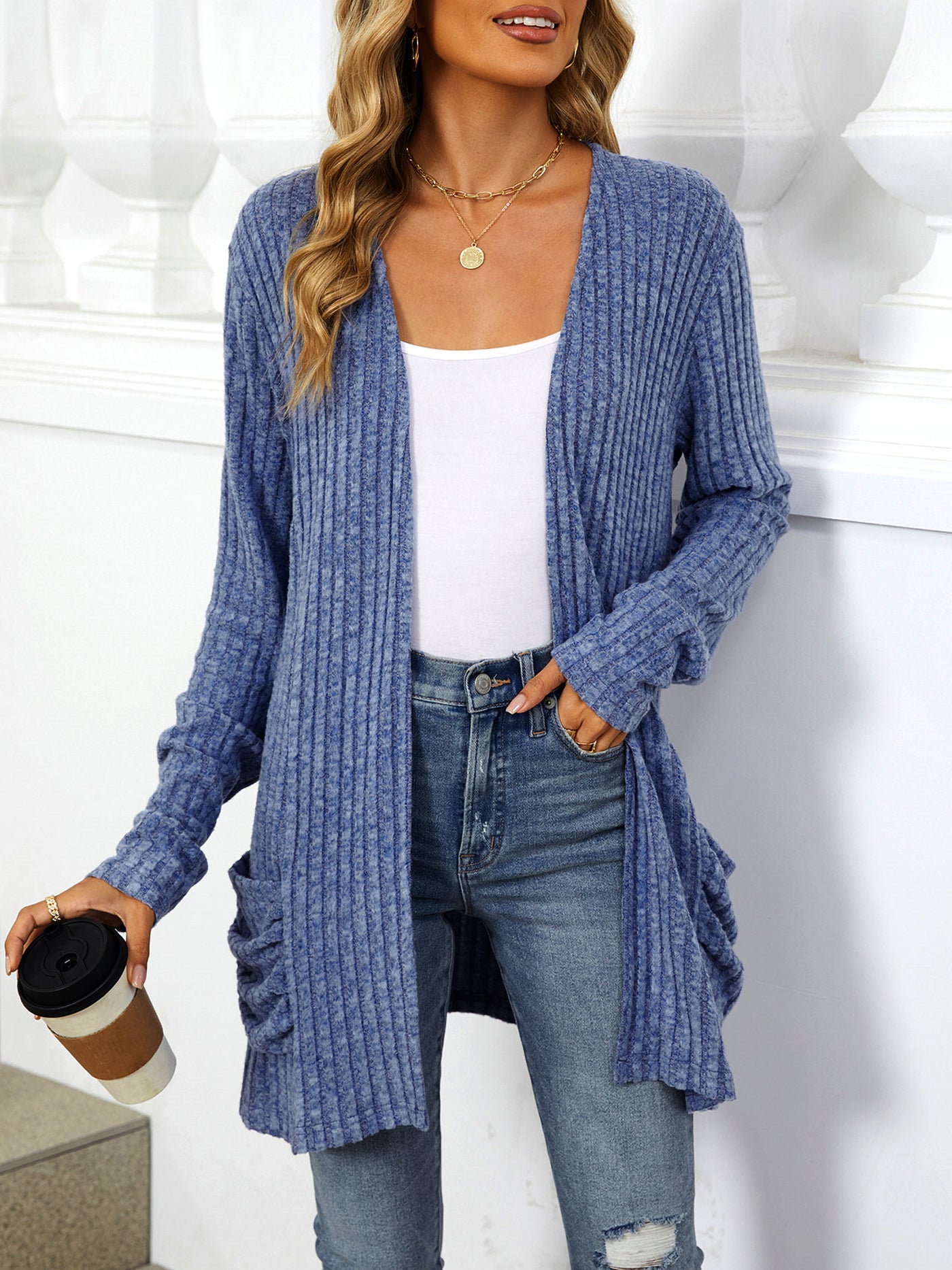 Allegra K Solid Color Pocket Long Sleeve Mid Length Casual Cardigan