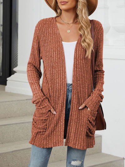 Solid Color Pocket Long Sleeve Mid Length Casual Cardigan