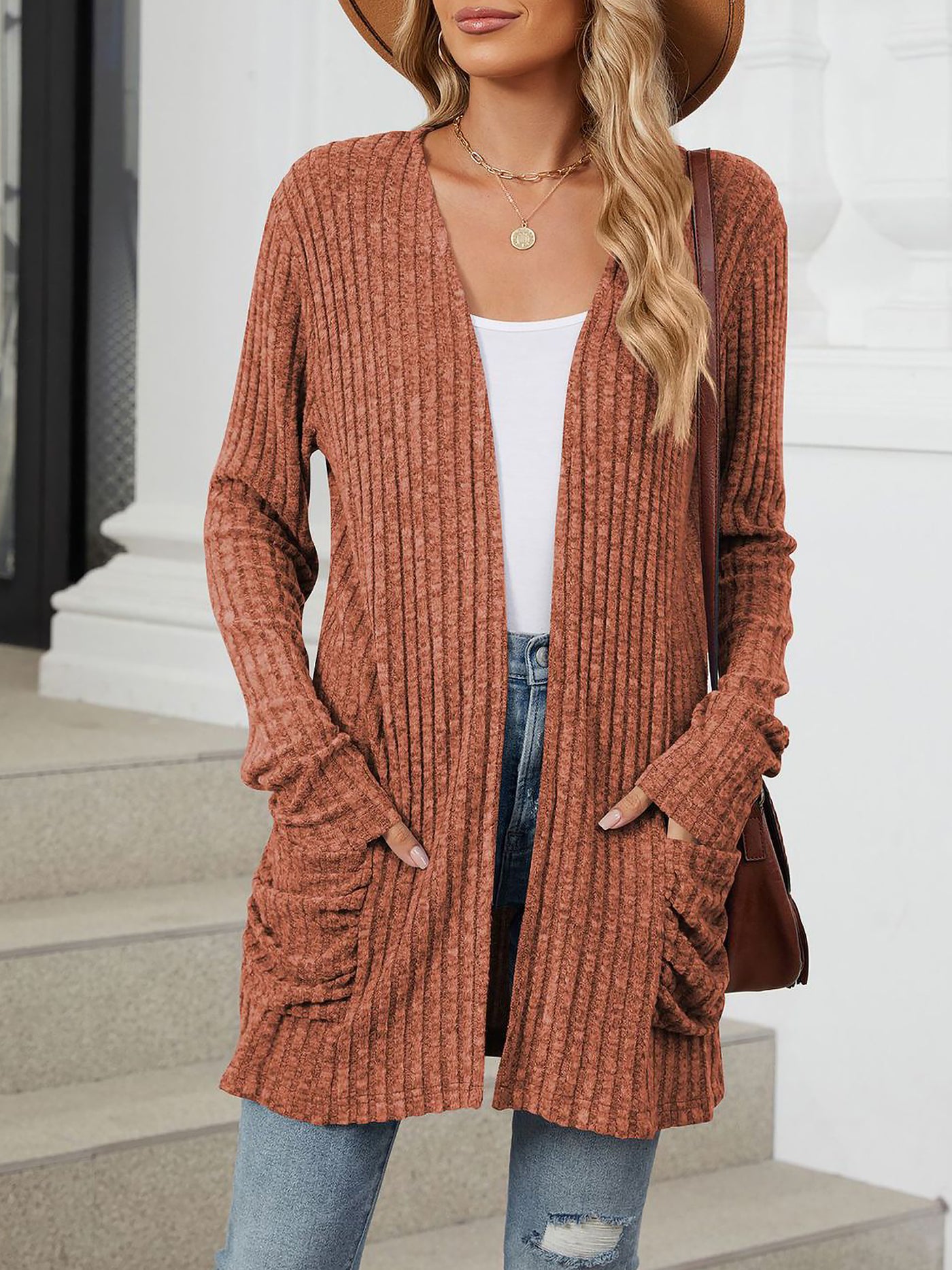 Allegra K Solid Color Pocket Long Sleeve Mid Length Casual Cardigan