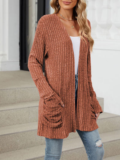 Solid Color Pocket Long Sleeve Mid Length Casual Cardigan