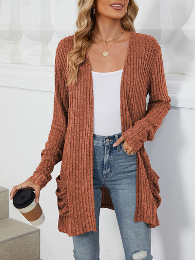 Solid Color Pocket Long Sleeve Mid Length Casual Cardigan