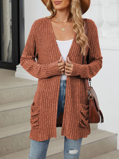 Solid Color Pocket Long Sleeve Mid Length Casual Cardigan