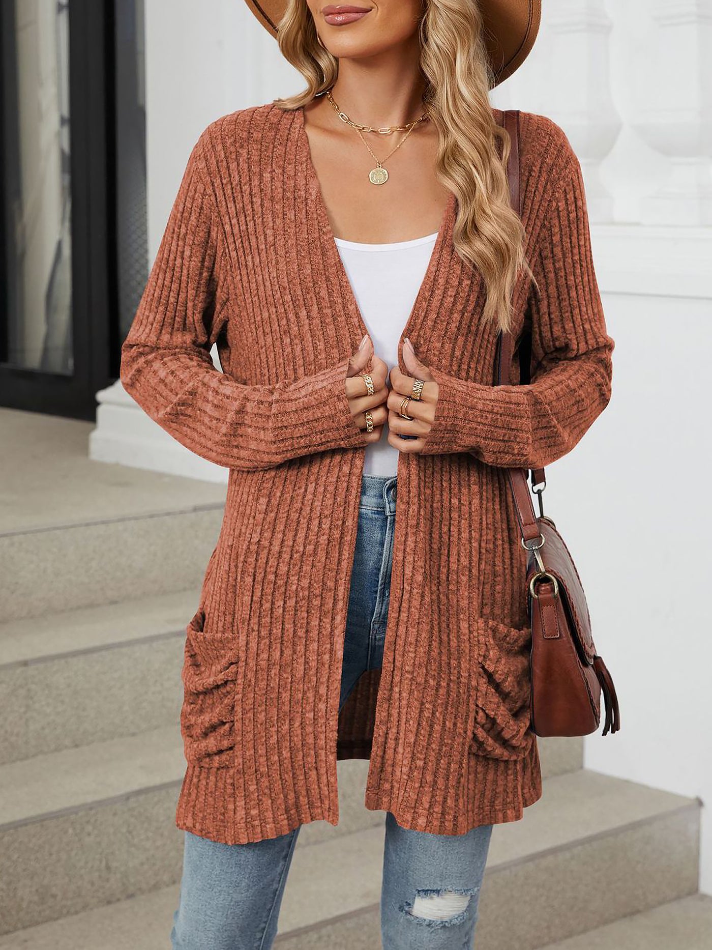 Allegra K Solid Color Pocket Long Sleeve Mid Length Casual Cardigan