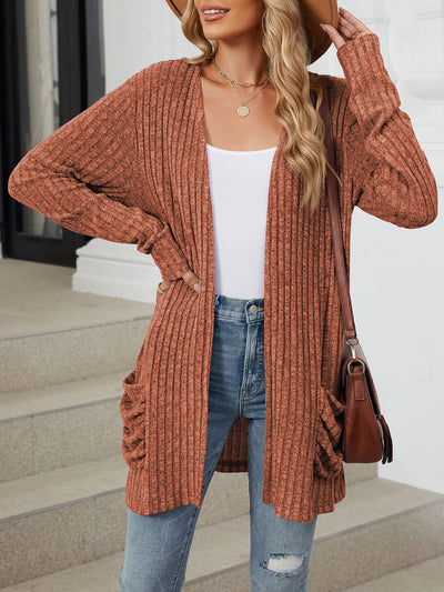 Solid Color Pocket Long Sleeve Mid Length Casual Cardigan