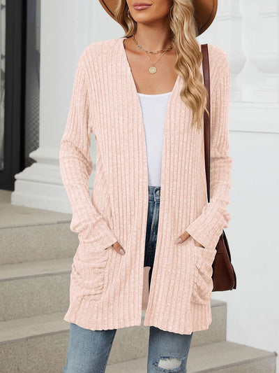 Solid Color Pocket Long Sleeve Mid Length Casual Cardigan