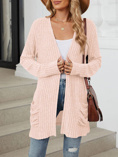 Solid Color Pocket Long Sleeve Mid Length Casual Cardigan