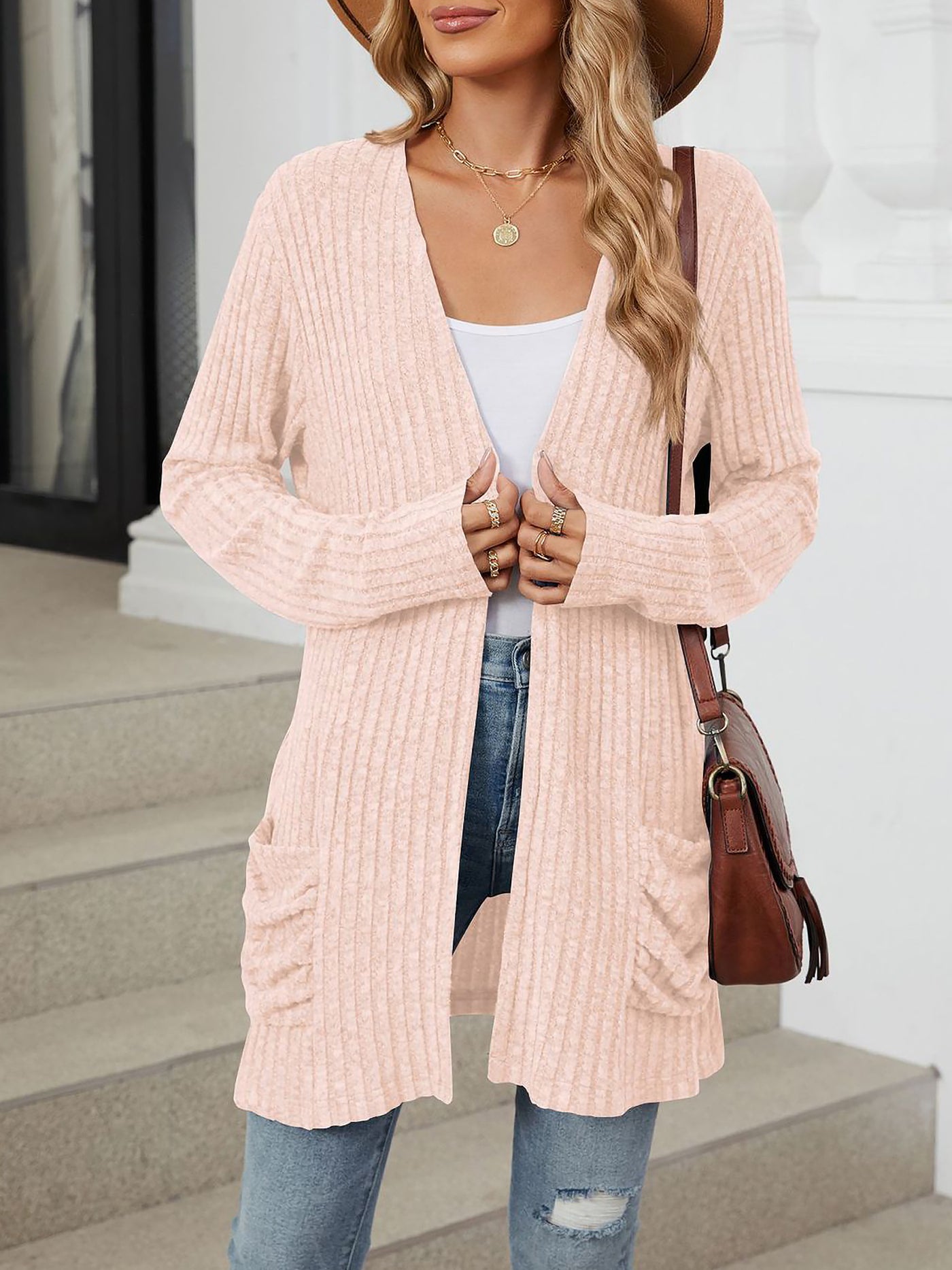 Allegra K Solid Color Pocket Long Sleeve Mid Length Casual Cardigan