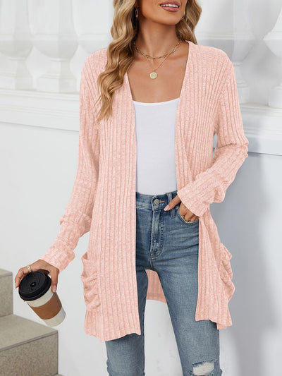 Solid Color Pocket Long Sleeve Mid Length Casual Cardigan