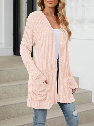 Solid Color Pocket Long Sleeve Mid Length Casual Cardigan