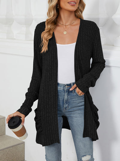 Solid Color Pocket Long Sleeve Mid Length Casual Cardigan