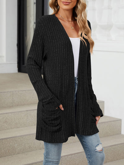 Solid Color Pocket Long Sleeve Mid Length Casual Cardigan