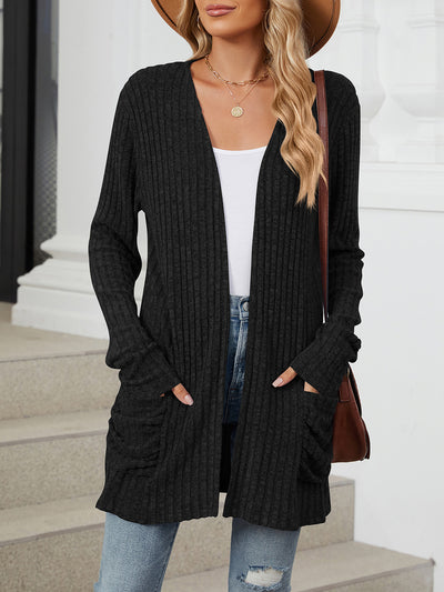 Solid Color Pocket Long Sleeve Mid Length Casual Cardigan