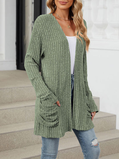 Solid Color Pocket Long Sleeve Mid Length Casual Cardigan