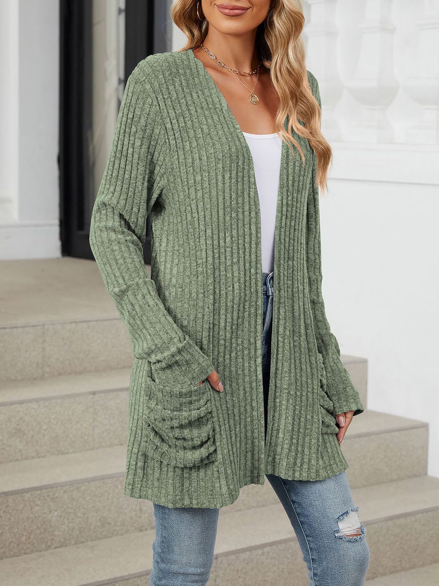 Allegra K Solid Color Pocket Long Sleeve Mid Length Casual Cardigan