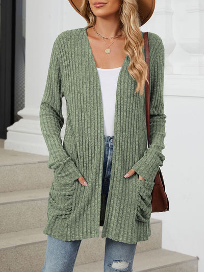 Solid Color Pocket Long Sleeve Mid Length Casual Cardigan