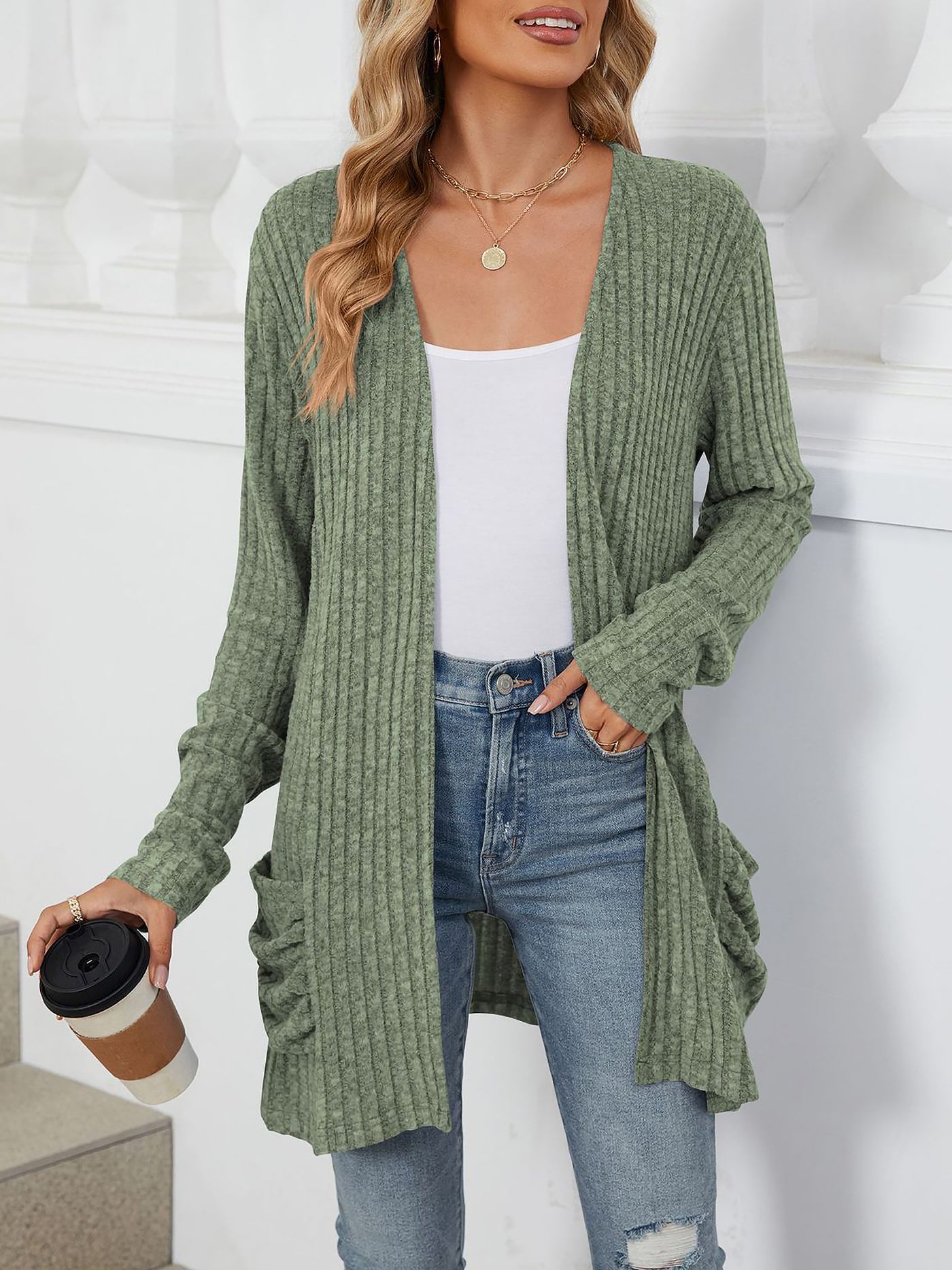 Allegra K Solid Color Pocket Long Sleeve Mid Length Casual Cardigan