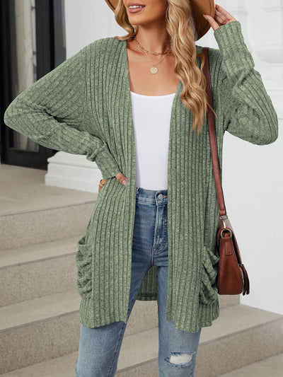 Solid Color Pocket Long Sleeve Mid Length Casual Cardigan