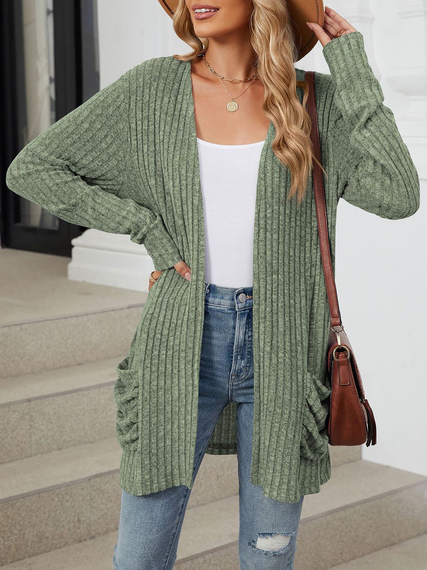 Allegra K Solid Color Pocket Long Sleeve Mid Length Casual Cardigan