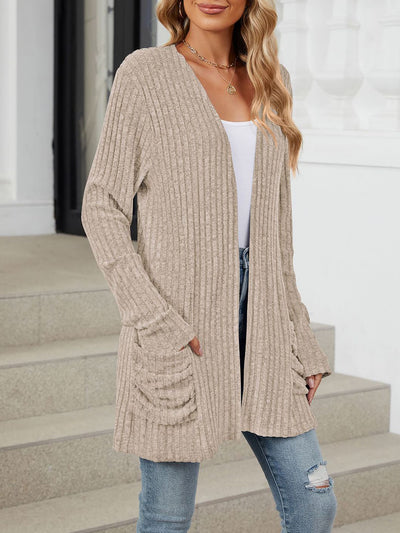 Solid Color Pocket Long Sleeve Mid Length Casual Cardigan