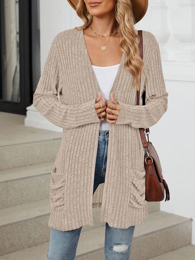 Solid Color Pocket Long Sleeve Mid Length Casual Cardigan