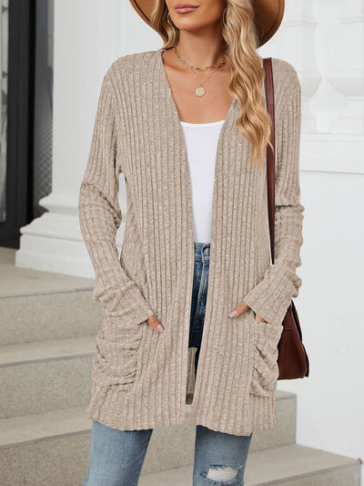 Solid Color Pocket Long Sleeve Mid Length Casual Cardigan