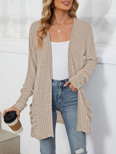 Solid Color Pocket Long Sleeve Mid Length Casual Cardigan