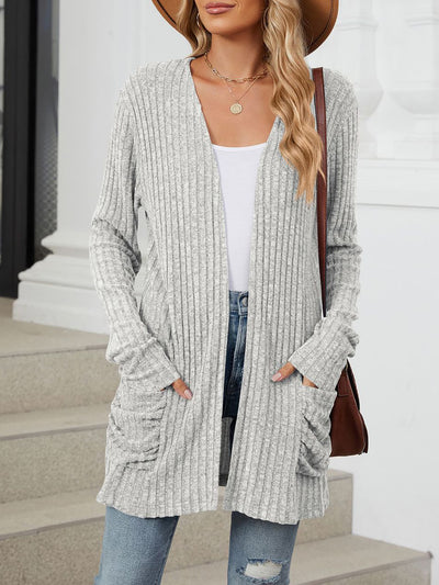 Solid Color Pocket Long Sleeve Mid Length Casual Cardigan