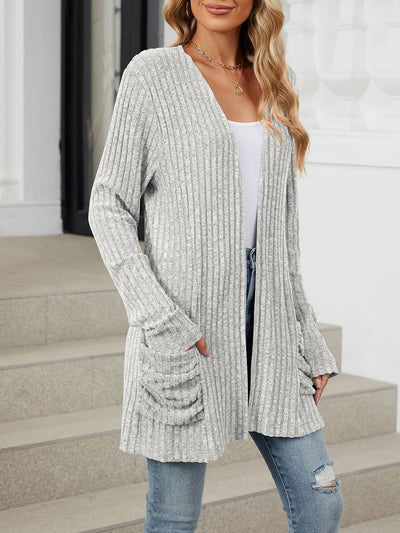 Solid Color Pocket Long Sleeve Mid Length Casual Cardigan